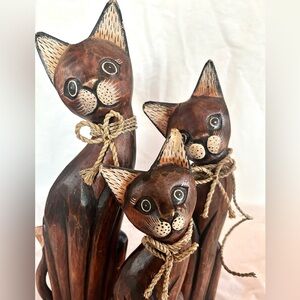 Handcrafted Brown Cat wooden Figurines Set 3 pieces